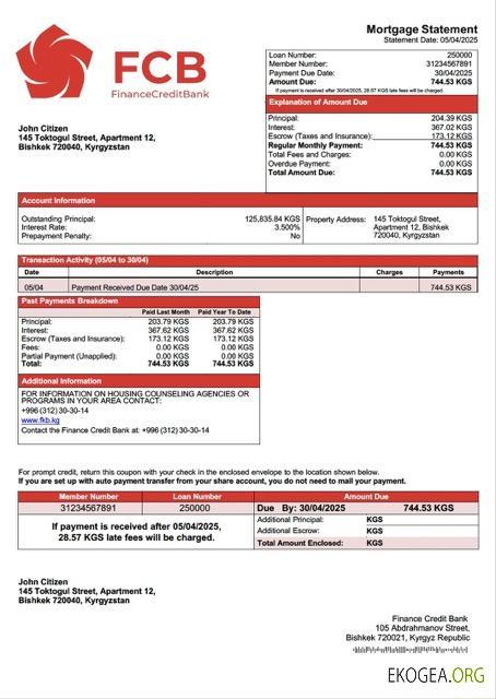 Kirghizistan Finance Credit Bank relevé hypothécaire modèle Word et PDF